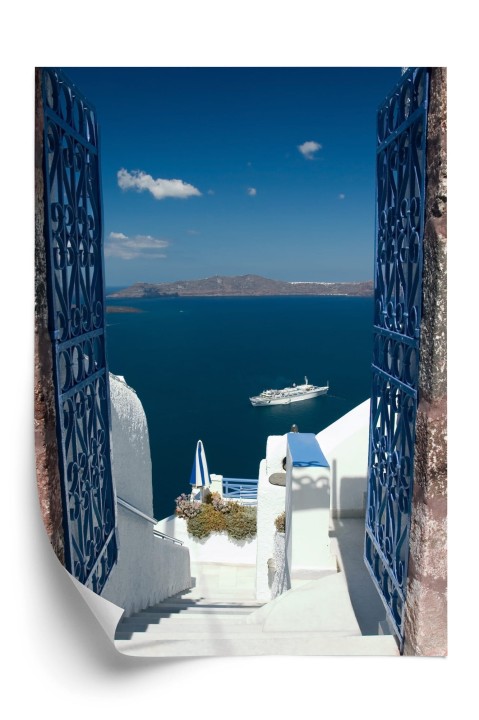 Plakat Santorini Niebieska Brama Z Widokiem Na Morze