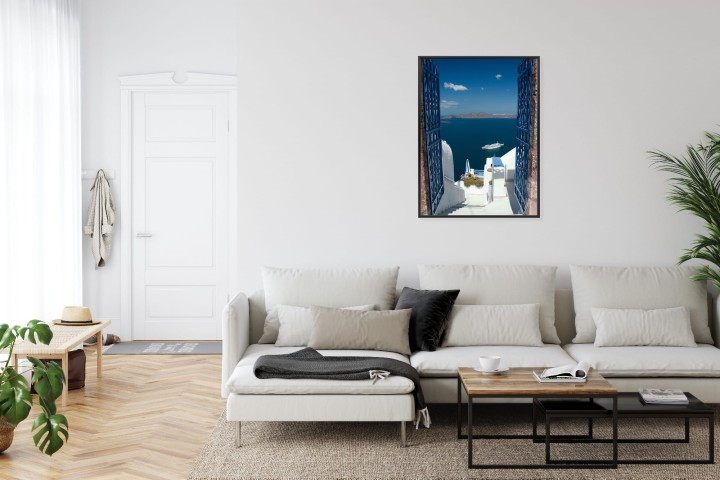 Plakat Santorini Niebieska Brama Z Widokiem Na Morze