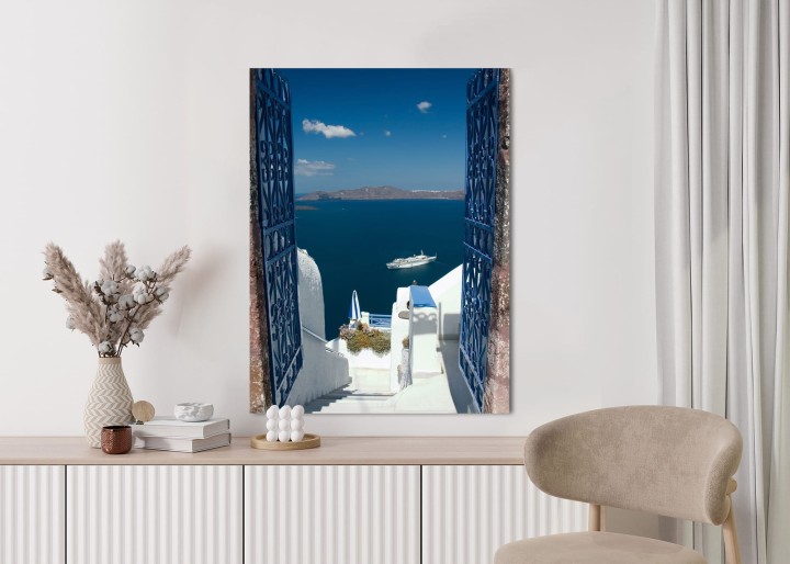 Plakat Santorini Niebieska Brama Z Widokiem Na Morze