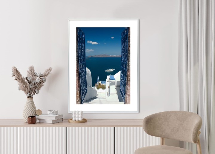 Plakat Santorini Niebieska Brama Z Widokiem Na Morze