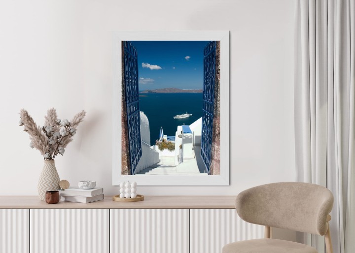 Plakat Santorini Niebieska Brama Z Widokiem Na Morze