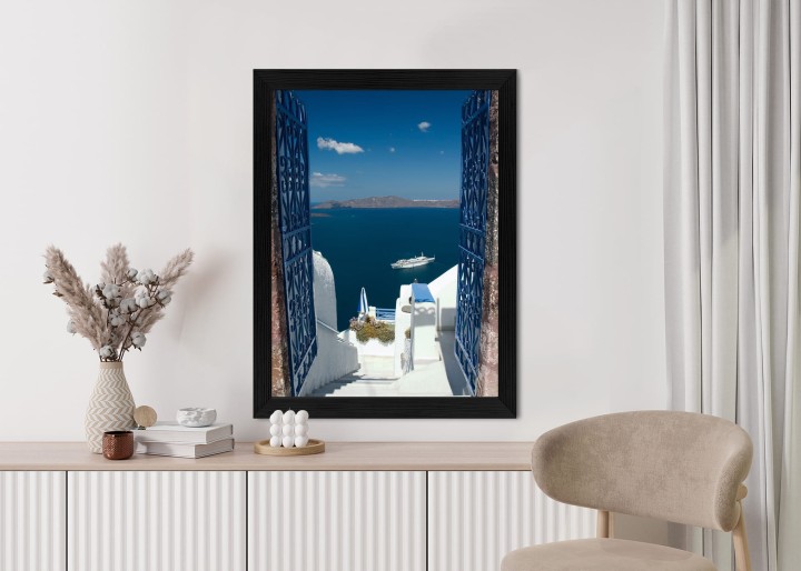 Plakat Santorini Niebieska Brama Z Widokiem Na Morze