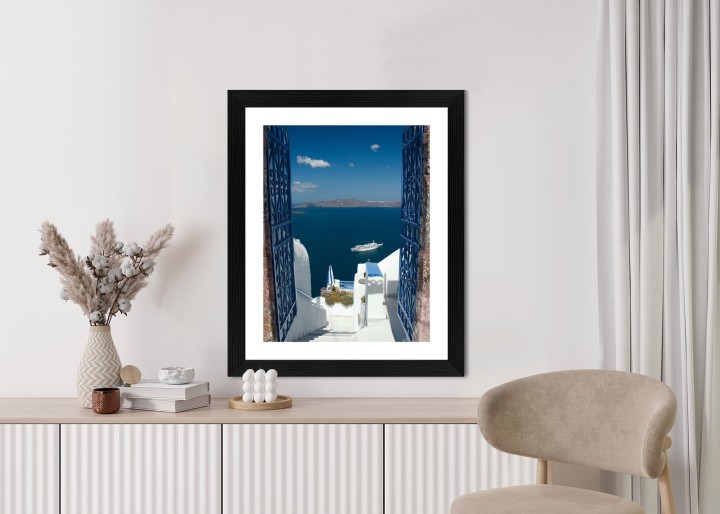 Plakat Santorini Niebieska Brama Z Widokiem Na Morze