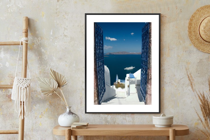 Plakat Santorini Niebieska Brama Z Widokiem Na Morze