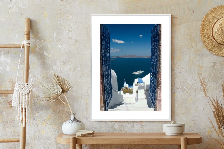 Plakat Santorini Niebieska Brama Z Widokiem Na Morze