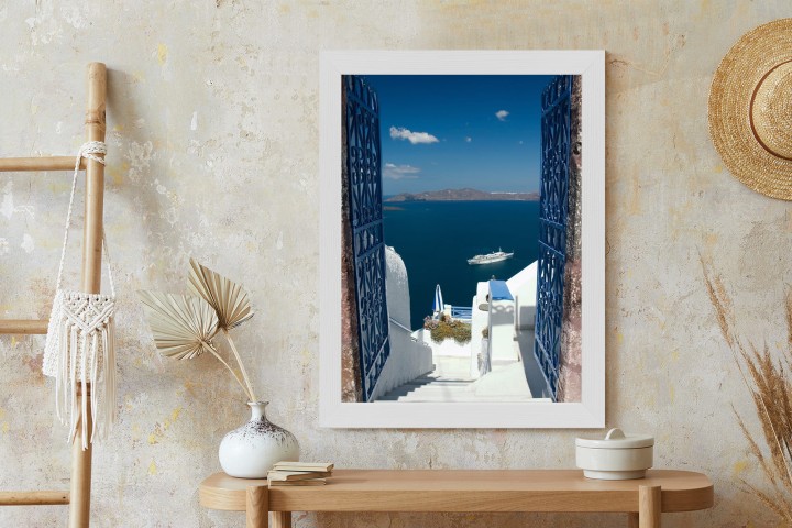 Plakat Santorini Niebieska Brama Z Widokiem Na Morze