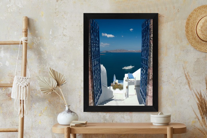 Plakat Santorini Niebieska Brama Z Widokiem Na Morze