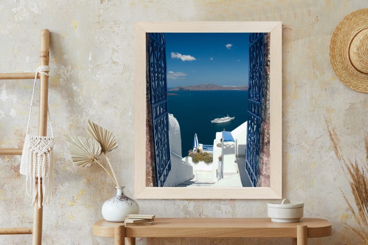 Plakat Santorini Niebieska Brama Z Widokiem Na Morze