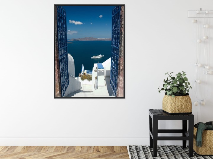 Plakat Santorini Niebieska Brama Z Widokiem Na Morze