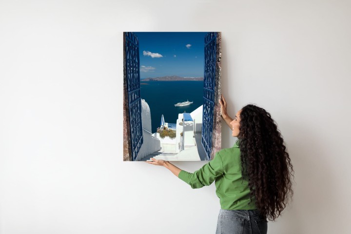 Plakat Santorini Niebieska Brama Z Widokiem Na Morze