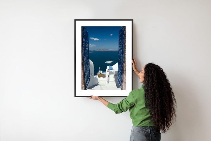 Plakat Santorini Niebieska Brama Z Widokiem Na Morze