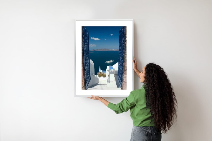 Plakat Santorini Niebieska Brama Z Widokiem Na Morze