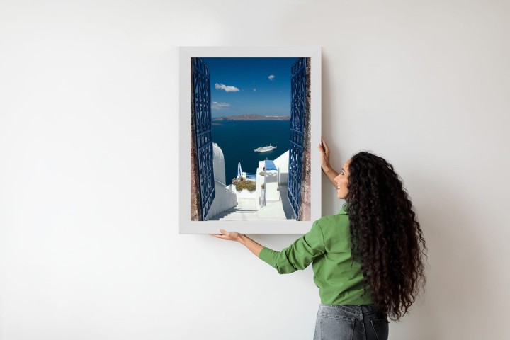 Plakat Santorini Niebieska Brama Z Widokiem Na Morze