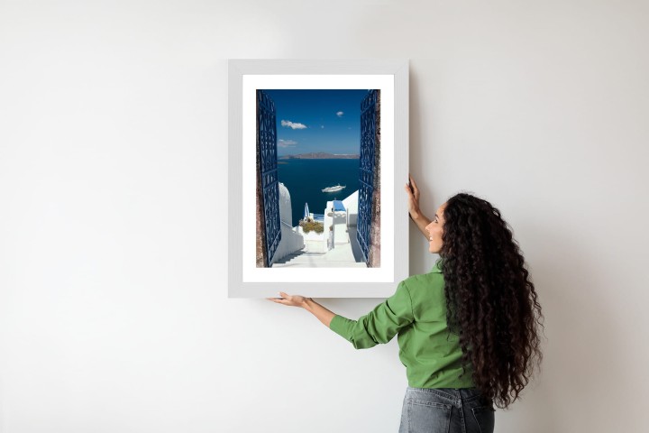 Plakat Santorini Niebieska Brama Z Widokiem Na Morze