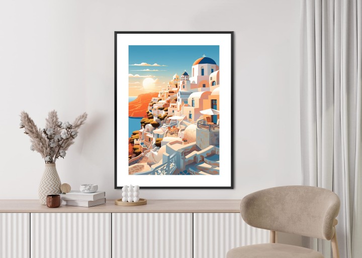 Plakat Zachód Słońca Nad Malowniczym Santorini