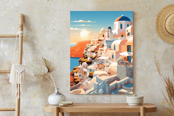 Plakat Zachód Słońca Nad Malowniczym Santorini