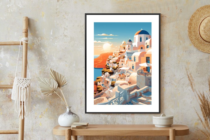 Plakat Zachód Słońca Nad Malowniczym Santorini