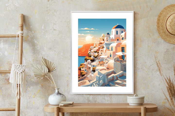 Plakat Zachód Słońca Nad Malowniczym Santorini