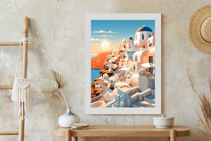 Plakat Zachód Słońca Nad Malowniczym Santorini