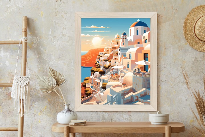 Plakat Zachód Słońca Nad Malowniczym Santorini