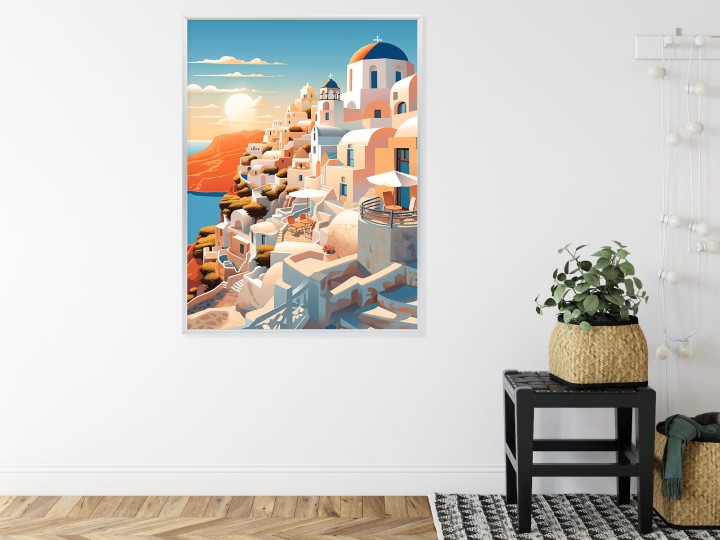 Plakat Zachód Słońca Nad Malowniczym Santorini