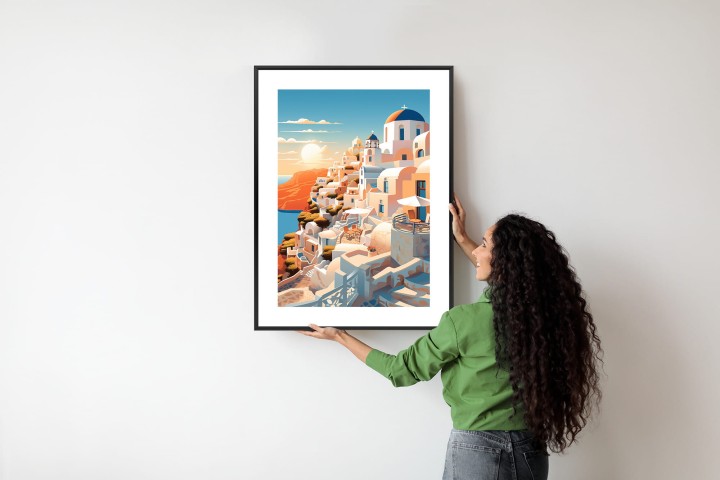 Plakat Zachód Słońca Nad Malowniczym Santorini