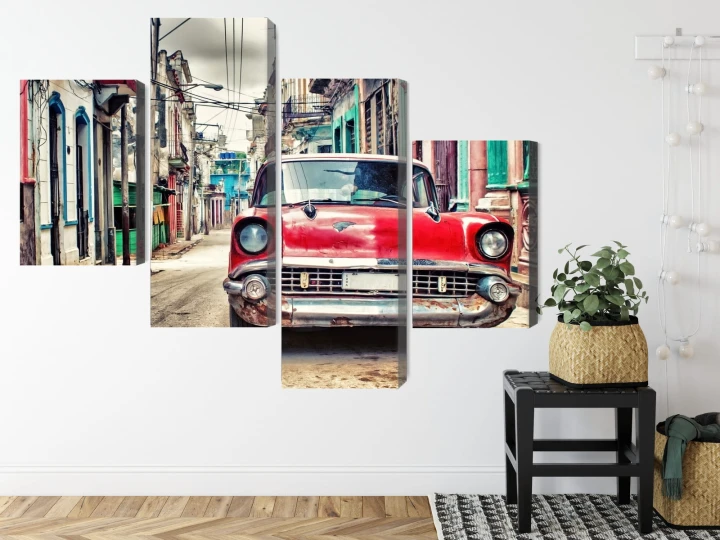 Obraz Wieloczęściowy Czerwony Samochód Chevroleta W Stylu Retro