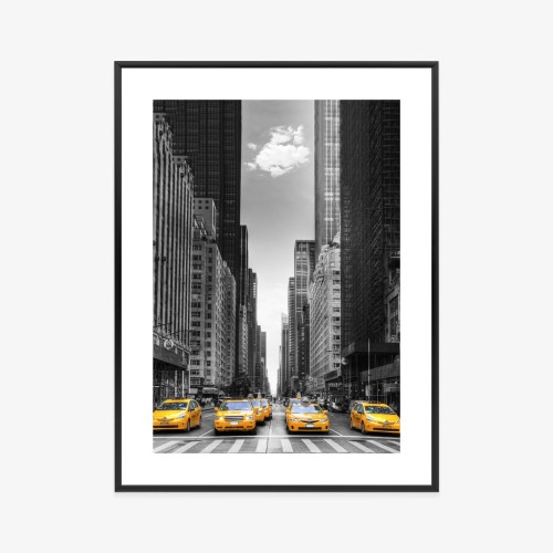 Plakat Czarno Biała Ulica Nowego Jorku Z Żółtymi Taksówkami