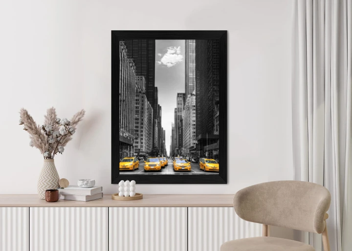 Plakat Czarno Biała Ulica Nowego Jorku Z Żółtymi Taksówkami