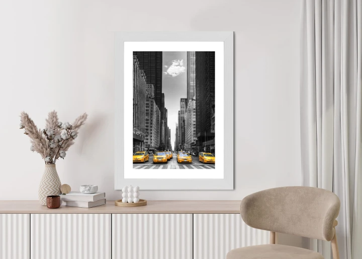 Plakat Czarno Biała Ulica Nowego Jorku Z Żółtymi Taksówkami