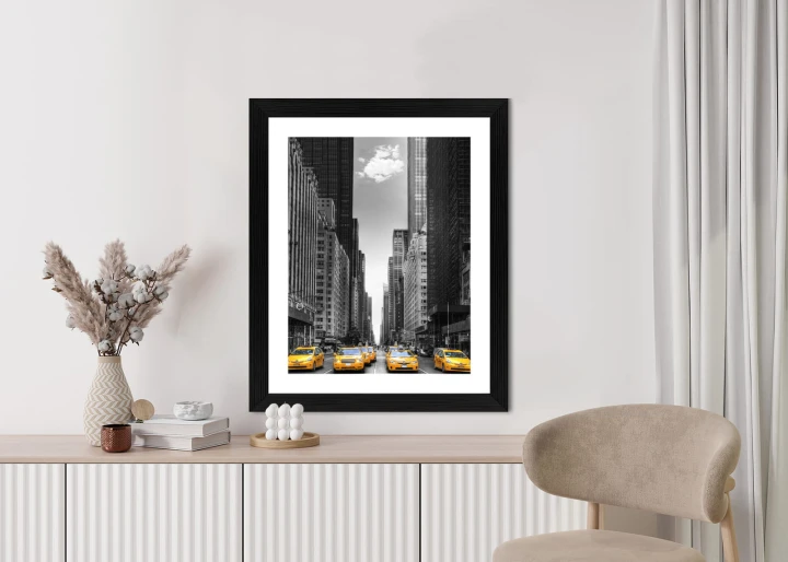 Plakat Czarno Biała Ulica Nowego Jorku Z Żółtymi Taksówkami