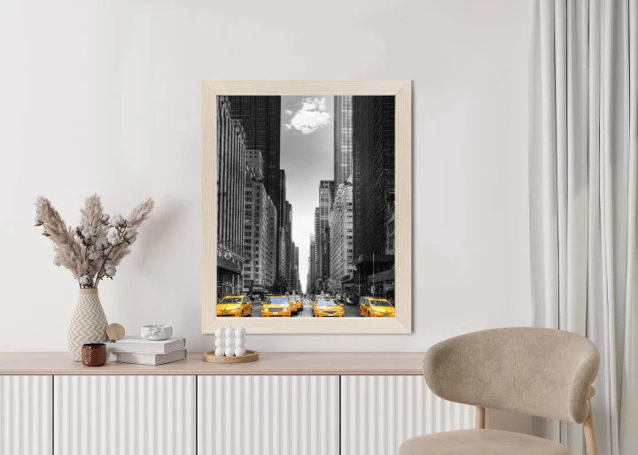 Plakat Czarno Biała Ulica Nowego Jorku Z Żółtymi Taksówkami