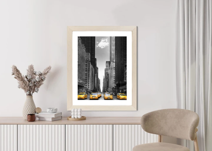 Plakat Czarno Biała Ulica Nowego Jorku Z Żółtymi Taksówkami