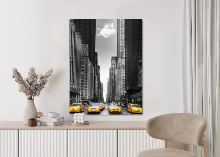 Plakat Czarno Biała Ulica Nowego Jorku Z Żółtymi Taksówkami