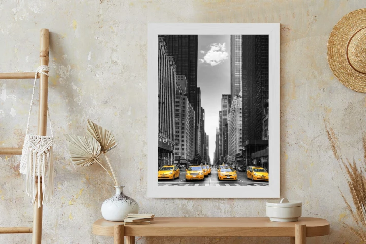 Plakat Czarno Biała Ulica Nowego Jorku Z Żółtymi Taksówkami