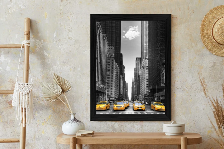 Plakat Czarno Biała Ulica Nowego Jorku Z Żółtymi Taksówkami