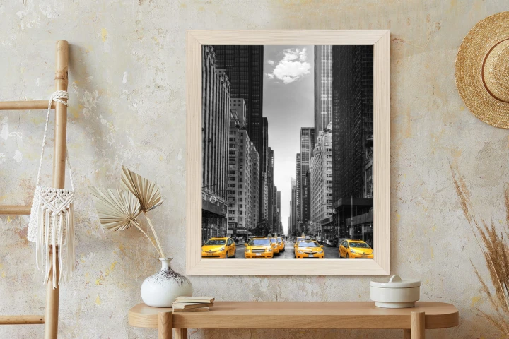 Plakat Czarno Biała Ulica Nowego Jorku Z Żółtymi Taksówkami