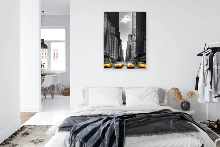 Plakat Czarno Biała Ulica Nowego Jorku Z Żółtymi Taksówkami