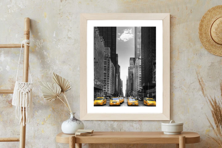 Plakat Czarno Biała Ulica Nowego Jorku Z Żółtymi Taksówkami