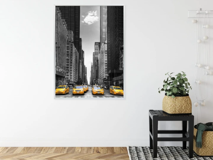 Plakat Czarno Biała Ulica Nowego Jorku Z Żółtymi Taksówkami