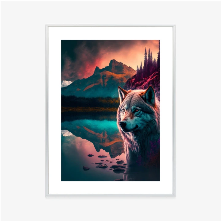 Plakat Majestatyczny Wilk Oświetlony Żywym Kolorowym Światłem W Górach