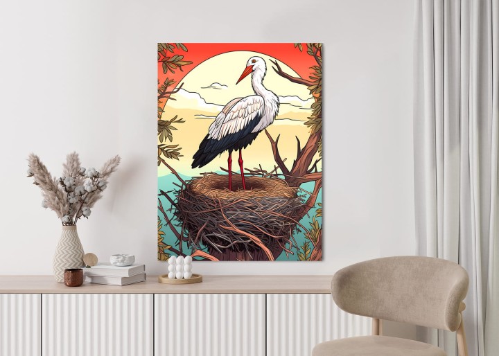 Plakat Bocian W Gnieździe Na Tle Słońca