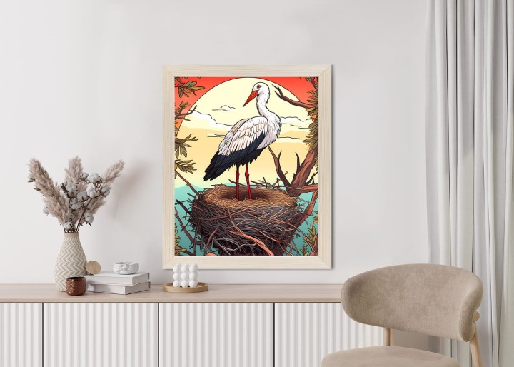 Plakat Bocian W Gnieździe Na Tle Słońca