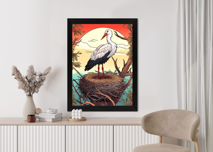 Plakat Bocian W Gnieździe Na Tle Słońca