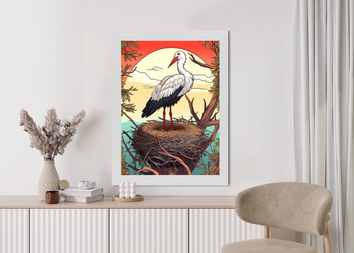 Plakat Bocian W Gnieździe Na Tle Słońca
