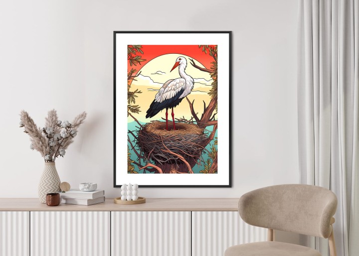 Plakat Bocian W Gnieździe Na Tle Słońca
