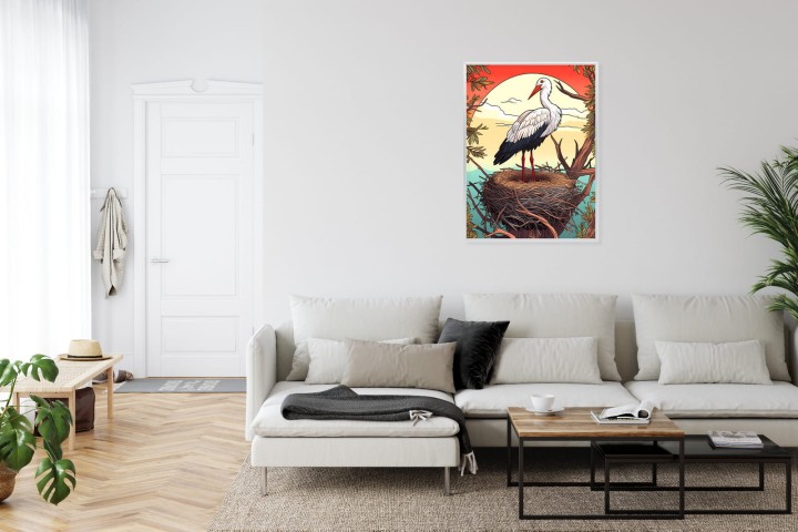Plakat Bocian W Gnieździe Na Tle Słońca