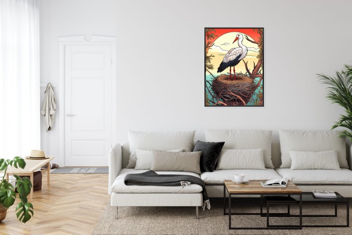 Plakat Bocian W Gnieździe Na Tle Słońca