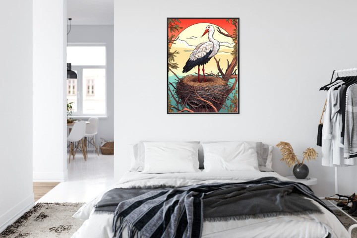 Plakat Bocian W Gnieździe Na Tle Słońca