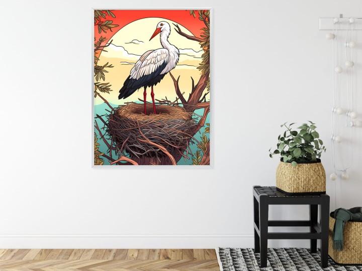 Plakat Bocian W Gnieździe Na Tle Słońca